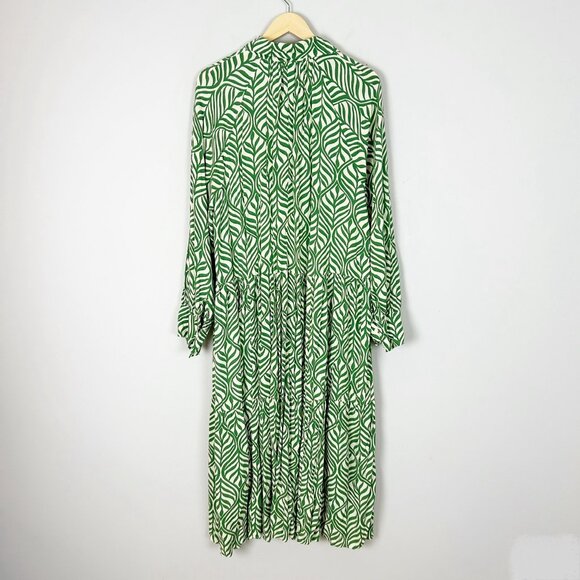 H&M Tiered Midi Dress Green Leaf Print Long Sleeve Size XL Women's - Picture 3 of 4